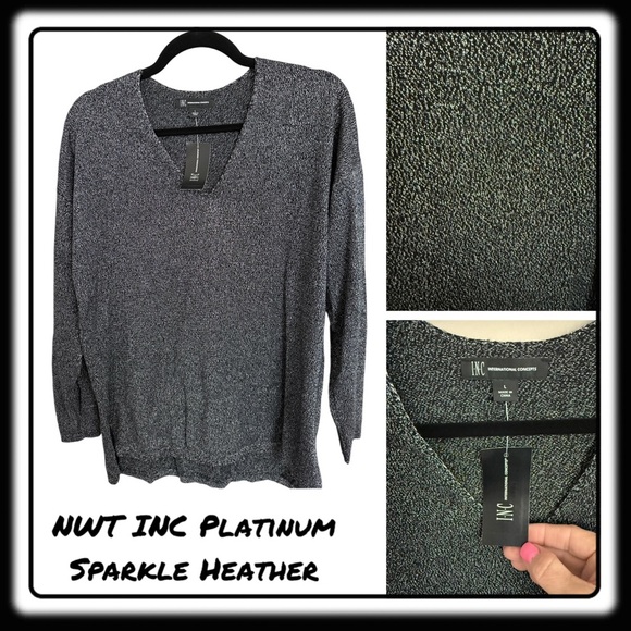NWT INC Silver Sparkle Heathered V-Neck Sweater Large Get your “Shimmer On” - Picture 1 of 9